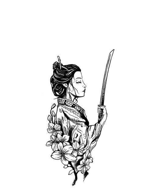 Fighter Tattoos For Women, Tattoo Ninja, Samurai Back Tattoo, Female Samurai Tattoo, Phoenix Tattoo Sleeve, Japanese Warrior Tattoo, Heart Tattoos With Names, Female Warrior Tattoo, Geisha Tattoo Design