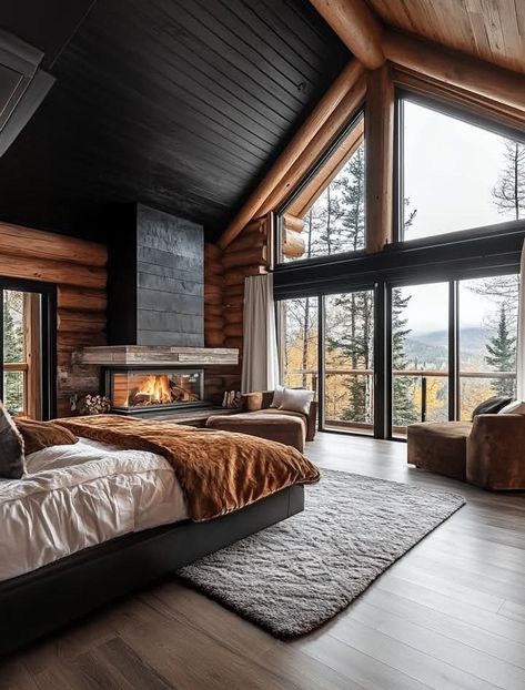 Modern Cabin Master Suite, Golden Eagle Log And Timber Homes, Luxury Mountain Homes Interiors, Luxury Mountain Homes, Mountain Homes Interiors, Urban Cabin, Interiors Bedroom, Cabin Bedroom, Timber House