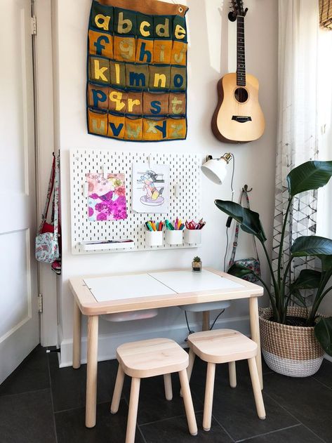 Kids craft area in the playroom using IKEA SKÅDIS pegboard series - That Homebird Life Blog #playroom #kidsdecor Kids Craft Area, Ikea Deco, Ikea Skadis, Peg Boards, Ikea Kids, Bamboo Bedding, Craft Area, Marie Kondo, Peg Board