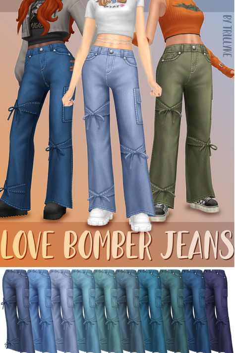 collage of sims 4 jeans cc Sims 4 Maxis Match Jeans Cc, Baggy Jeans Sims 4 Cc, Sims 4 Cc Jeans Maxis Match, Sims Wardrobe, Bow Jeans, Denim On Denim Looks, Bleached Jeans, Flared Denim, Trendy Jeans