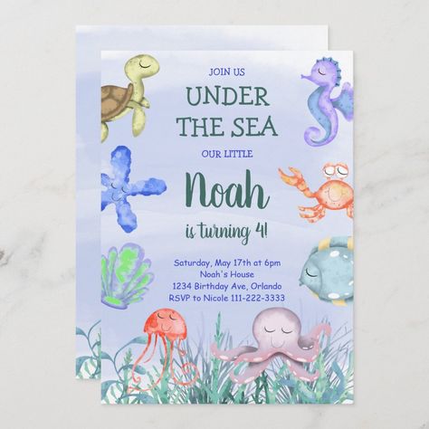 Summer Birthday Party Invitations, Fun Typography, Kids Birthday Invitation, Under The Sea Birthday, 3rd Birthday Party, Ocean Kids, Summer Birthday Party, Cute Watercolor, Sea Birthday