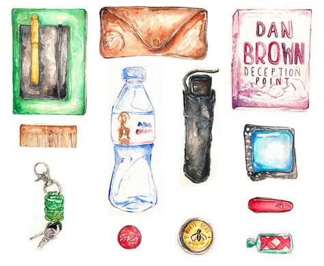 What's in my bag illustration by tatty boots Holly Exley, Japan Watercolor, Watercolor Food Illustration, Bag Illustration, Sketch Journal, Hampi, Gcse Art, Sketchbook Journaling, United Arrows