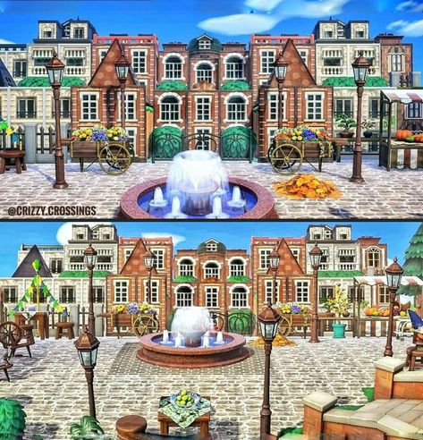 Amsterdam Animal Crossing, Acnh European Citycore Entrance, Animal Crossing Square Ideas, European City Acnh, Acnh Town Square, Paris Animal Crossing, Animal Crossing Island Inspiration Town Square, Acnh European Town, Acnh Medieval Building Side