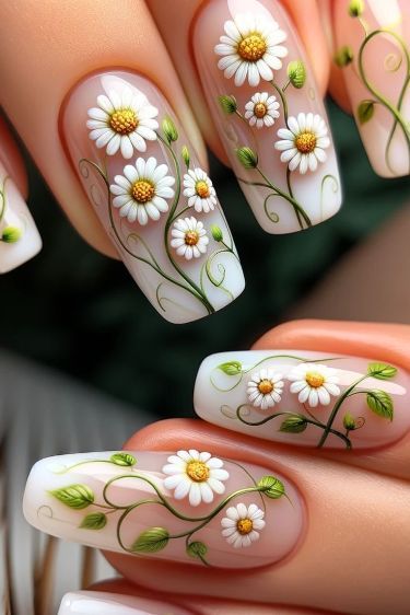 Pastel Nail Art, Nail Glam, Simple Spring Nails, Easter Nail Designs, Floral Nail Designs, Cute Spring Nails, Daisy Nails, Flower Nail Designs, Floral Nail Art