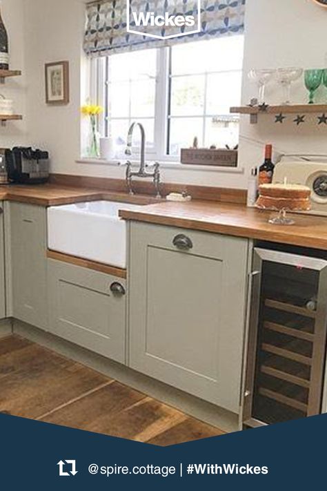 This classic Heritage Sage kitchen is styled beautifully Wickes Heritage Sage, Heritage Sage Kitchen, Sage Kitchen, Wooden Worktops, Country Cottage Kitchen, Laundry Cabinets, Green Kitchen Cabinets, Home Improvement Products, Small Laundry Rooms