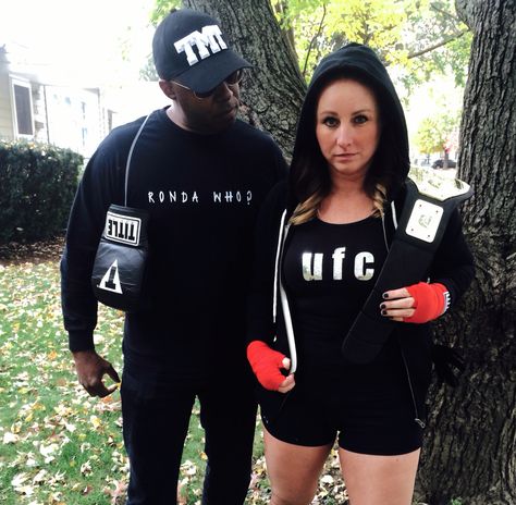 Ronda Rousey and Floyd Mayweather couples Halloween costume Ufc Couple Costume, Conor Mcgregor Halloween Costume, Wwe Halloween Costumes Couples, Wrestler Couple Costumes, Wwe Family Costumes, Halloween Crafts Preschool, Floyd Mayweather, Ronda Rousey, Family Halloween Costumes