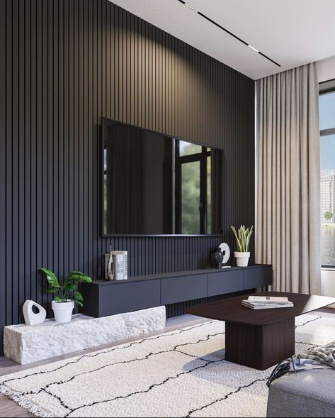 Wood Panelling Walls Black, Dramatic Tv Wall, Living Room Tv Wall Inspiration, Tv Wall Design Panelling, Tv On Wood Panel Wall, Tv Wall With Panelling, Black Wall Paneling Living Room, Living Room Panelling Tv, Tv Unit Panelling