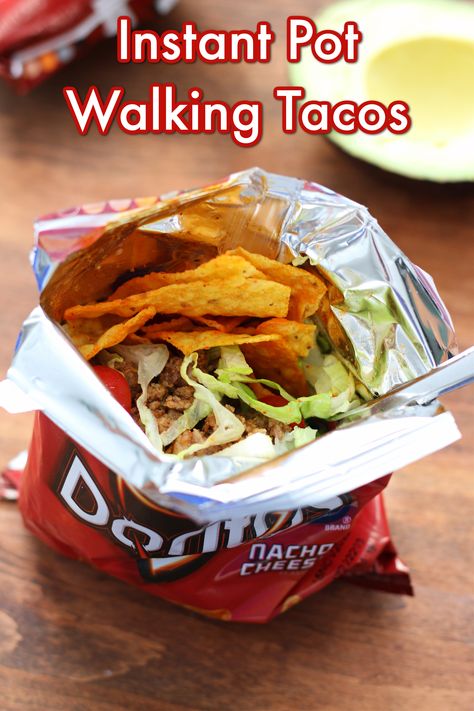 Instant Pot Walking Tacos--try walking tacos if you need a quick meal on the go! Tacos are served straight from a bag of Doritos. This is a great meal for family reunions, camps, parties or just a family dinner. Clean up is fast and easy! Walking Taco, Walking Tacos, Easy Main Dishes, Instant Pot Dinner Recipes, Instapot Recipes, Entree Recipes, Instant Pot Pressure Cooker, Pressure Cooking, Pressure Cooker Recipes