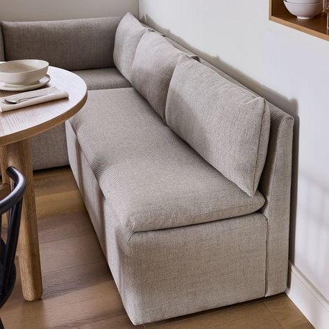 Shelter Storage Banquette - Large | West Elm Corner Dining Banquette Seating, Built In Dining Banquette Seating, Grey Banquette Seating, Dining Banquette With Storage, Couch Kitchen Table, Banquette Couch, Square Dining Table With Bench, Home Booth Seating, Free Standing Banquette Seating