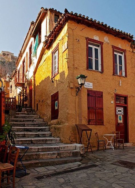 Plaka neighbourhood ~ Beneath the Parthenon Old Urban Buildings, Houses Reference, Spain Buildings, Urban Reference, Plaka Athens Greece, Street Reference, Photos Of Buildings, Buildings Reference, Building Corner