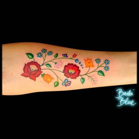 Hungarian Tattoos For Women, Traditional Hungarian Tattoo, Hungarian Folk Art Tattoo, Hungarian Embroidery Tattoo, Hungarian Tattoo Ideas, Traditional Polish Tattoo, Hungarian Flowers, Traditional Tattoo Elbow, Hungarian Tattoo