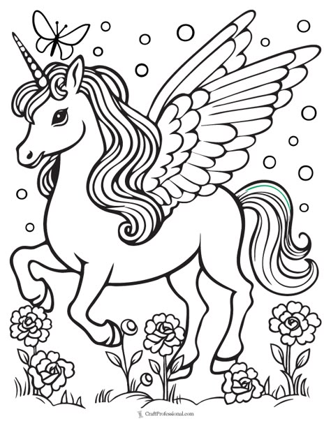 Embrace the magical with this Pegasus coloring page! The mythical winged unicorn is surrounded by a bouquet of vibrant flowers, and ready for coloring enthusiasts. Head to our website for a free printable download and discover 19 additional unicorn coloring pages. Unicorn Drawing For Coloring, Unicorn Coloring Pictures, Unicorn Printables Free, Unicorn Free Printable Coloring Pages, Unicorn Pictures To Color Free Printable, Unicorn Pictures Free Printable, Coloring Pages For Kids Free Printable, Horse Coloring Pages Free Printable, Free Printable Coloring Pages For Kids