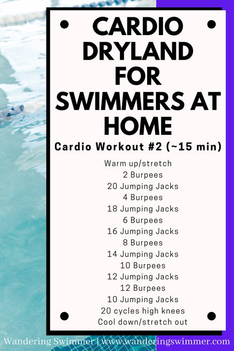 Swimming is all about cardio. Make sure you keep your heart rate up when working out at home or away from the pool. Combining burpees and jumping jacks gives a full body and cardio burning workout for swimmers (or anyone)! Swimmers Exercises Fitness, Swimming Land Training, Swimming Workout Dryland, Land Workouts For Swimmers, Swimming Conditioning Workout, Swimmers Dryland Workout, Workout For Swimmers At Home, Swimming Exercises Workout At Home, Swimmers Workout Exercises