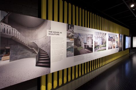 This is a photograph of a strip of exhibition panels with colour photographs applied along one wall Wall Exhibition Design, Museum Panel Design, Timeline Wall Graphic, Panel Exhibition, Exhibition Wall Text Design, Exhibition Panel, Exhibition Title Wall, Exhibition Wall Text, Layout Graphic Design