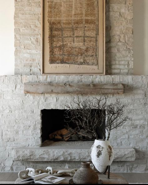 Extra Wide Fireplace, Modern European Fireplace, European Fireplace Ideas, No Hearth Fireplace, Natural Brick Fireplace, White Wash Large Stone Fireplace, Horizontal Gas Fireplace Limewashed Bricks Walls, Overgrouted Stone Fireplace Diy, Retro Stone Fireplace