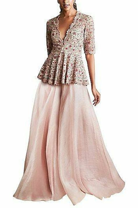 Ridhi Mehra Sharara, Peplum Indian Outfit, Indian Attire Classy For Wedding, Peplum Top Indian, Reception Bride Dress, Peplum Top With Sharara, Top With Sharara, Garara Suit, Peplum Top Outfits