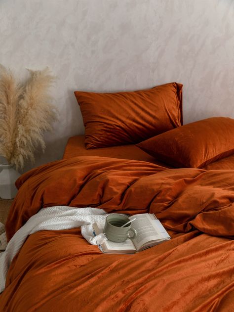 Velvet Solid Color Duvet Cover Set Without Filler | SHEIN USA Burnt Orange Bedsheets, Burnt Orange Bed Cover, Light Purple Bedding, Orange Bed Sheets, Burn Orange Duvet Cover, Cinnamon Colored Bed Sheets, Shein Duvet Cover With Oranges, Bed Drapes, Orange Bedding