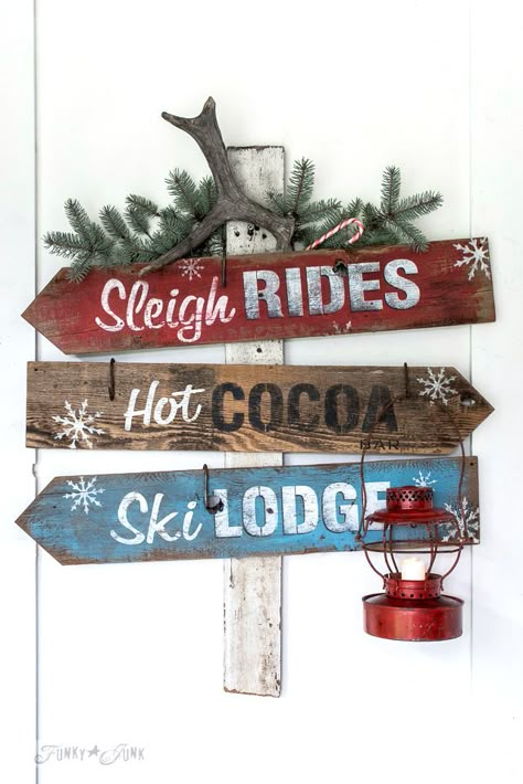 Super festive and fun Christmas and winter directional signs using stencils and reclaimed wood planks! Made with Funky Junk's Old Sign Stencils Sleigh Rides, Hot Cocoa and Ski Lodge, and Fusion Mineral Paint. Click here for the tutorial on funkyjunkinteriors.net Funky Junk Interiors, Christmas Kitchen Decor, Painting Wood, Ski Lodge, Sign Stencils, Christmas Wood Crafts, Funky Junk, Sleigh Ride, Christmas Decorations Rustic