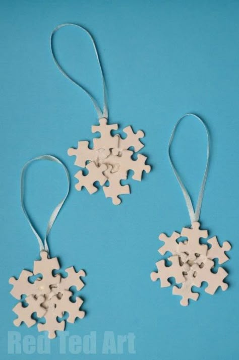 Puzzle Craft Ideas - Snowflake Ornament - Pinned by @PediaStaff – Please Visit  ht.ly/63sNt for all our pediatric therapy pins Puzzle Piece Crafts, Snowflake Craft, Puzzle Crafts, Kids Christmas Ornaments, Homemade Ornaments, Kids Ornaments, Puzzle Piece, Snowflake Ornaments, Noel Christmas