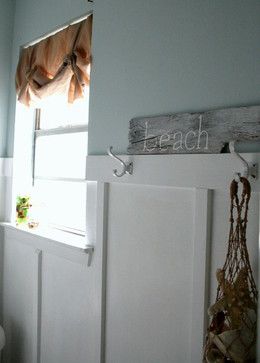 Add a few beachy bits and bobs Just a few well-placed accessories will conjure up the salty air of the seaside in seconds. Hang up a weathered timber sign (or even do a DIY job on an old piece of timber) and a string bag full of shells and you can almost hear the waves lapping outside, even if you’re in the heart of the city. Board And Batten Wall Bathroom, Burlap Window Treatments, Moen Bathroom Faucets, Farmhouse Window Treatments, Beach Style Bathroom, Bathroom Window Treatments, Batten Wall, Board And Batten Wall, Bathroom Window