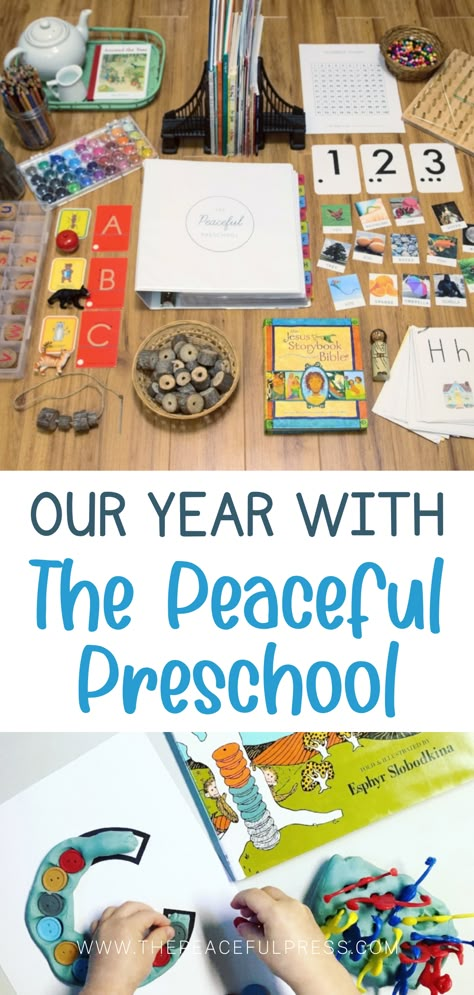 Read about how we incorporated The Peaceful Preschool curriculum into our homeschool days for our at home preschool. The printable Charlotte Mason curriculum is full of lesson plans including phonics, counting, and handicrafts. It's easy to implement since it comes with parent resources with a planned out calendar and organizer. Find out what our takeaways were and what we enjoyed most about the lesson plans and activities. Read more at ThePeacefulPreschool.com and follow us on Pinterest! Preschool Curriculum Age 4, Basic Preschool Curriculum, How To Start A Preschool, Homeschool Lesson Plans Preschool, Curriculum Preschool, Homeschool Prek Curriculum Lesson Plans, Homeschool Curriculum Preschool, Prek Curriculum Lesson Plans, Peaceful Press Preschool