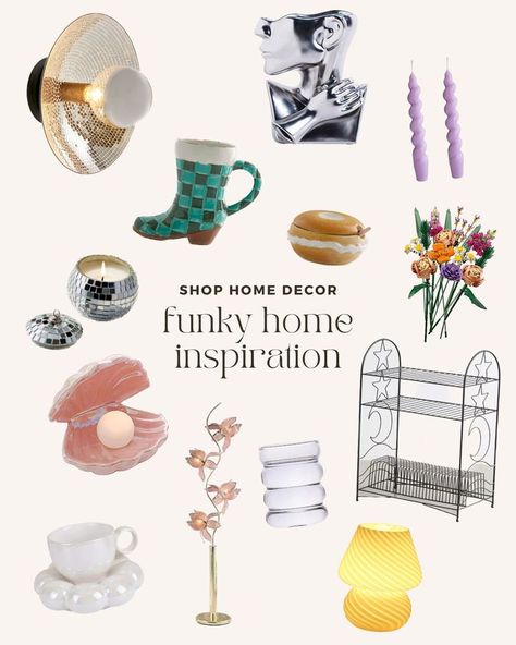 colorful and aesthetic home decor finds that are funky and vintage inspired! mugs, candles, vases, lamps, and kitchen items are featured. Eclectic Quirky Decor, Amazon Eclectic Decor, Maximalist Decor Amazon, Eclectic Candle Holders, Ecletic Table Lamp, Maximalist Coquette Room, Home Aesthetic Kitchen, Maximalist Table Lamp, Maximalist Decor Bedroom Pink