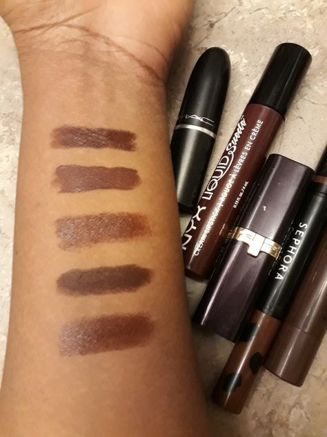 My pick of dark nude lipsticks. From top to bottom: Antique Velvet - Mac; Club Hopper - NYX; Spice - L'Oréal; Coffee - Sephora; Chocolate - Sephora. Nude Lipstick, Top To Bottom, Lipsticks, Nyx, Sephora, Mac, Velvet, Coffee, Makeup