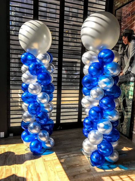 Event Entrance Design Entryway, Royal Blue Balloon Garland, Navy And Silver Balloon Arch, Blue White Silver Balloon Garland, Blue Balloon Columns, Blue And White Balloon Columns, Blue Black Silver Balloons, Blue And Sliver Balloons, Event Entrance Design