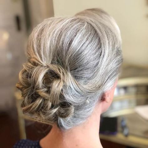 Fancy Updo for Salt-and-Pepper Hair Updo For Grey Hair, Updos For Long Hair Mother Of The Groom, Hair Updos For Mother Of The Groom, Mother Of The Groom Hair Updo, Mother Of The Bride Hair Grey, Silver Hair Updo Wedding, Hair For Wedding Mother Of Groom, Updos For Gray Hair Over 50, Updo Hairstyles Mother Of The Bride