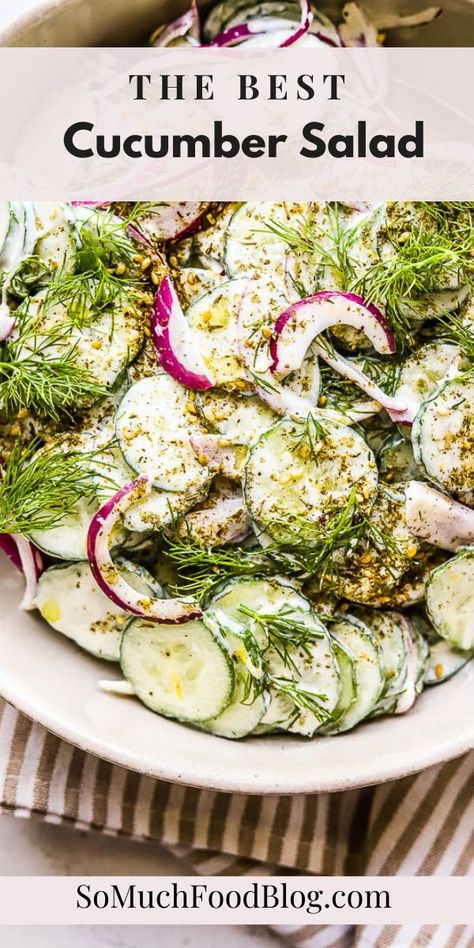 Cucumber yogurt salad is fresh and tangy with crisp cucumbers, red onion, lemon, fresh dill, skyr, and za’atar. Cucumber Salad With Yogurt, Salad With Red Onion, Cucumber Yogurt Salad, Pickled Cucumber Salad, Yogurt Salad, Easy Cucumber Salad, Cucumber Yogurt, Fresh Cucumber, Cucumbers And Onions