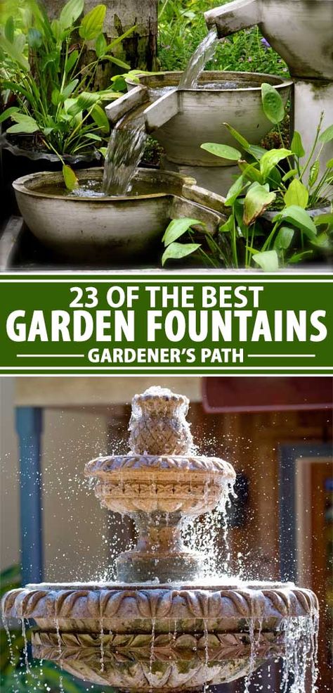 Nothing complements a landscaped outdoor space like a good fountain. We’ve put together an overview of the best models sold by excellent craftsmen for you to consider. Prepare to immerse yourself in fine design, because it’s fountain time at Gardener’s Path. Read more now. #gardenerspath #gardenfountains #waterfeatures Small Garden Fountain Ideas, Small Garden With Fountain, Landscape With Fountain, Outdoor Fountains Landscape, Front Yard Fountain, Yard Water Fountains, Garden Fountains Outdoor, Backyard Water Fountains, Yard Fountain