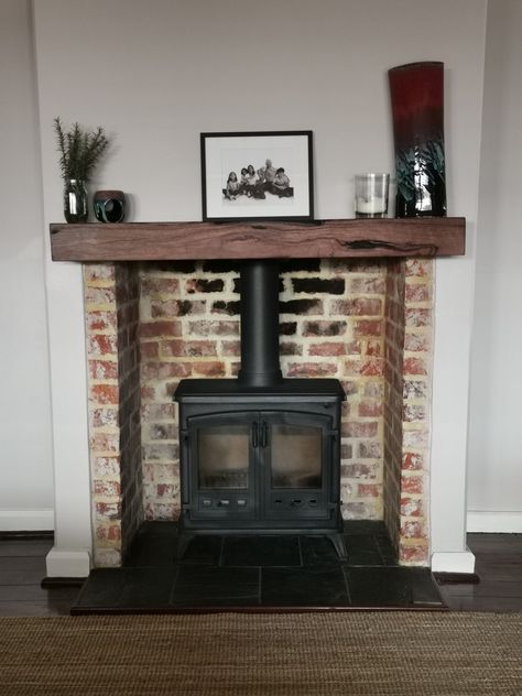 Cottage Log Burner, Brick Wall Fireplace, Wood Burning Stove Corner, Black Tile Fireplace, Slate Fireplace Surround, Black Fireplace Surround, Exposed Brick Fireplaces, Painting Brick, Wood Burner Fireplace