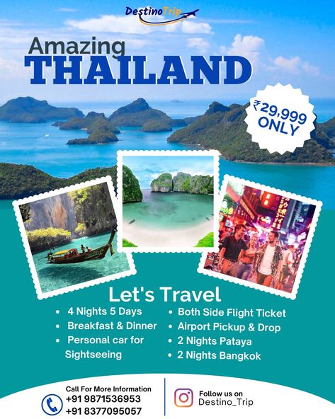 Thailand Tour Packages (4 Nights 5 Days ) Fixed Departure available :- JULY - 06, 13, 20, 27 AUGUST :- 11, 15 and OCTOBER :- 15,16,17,18,19,26 Book Thailand Tour now and get an exclusive discounts make your Booking Fast and Grab this Amazing Offer Including items 👉 ACCOMMODATION 👉 BOTH SIDE FLIGHT TICKETS 👉 BREAKFAST AND DINNER 👉 SIGHTSEEING BY PERSONAL CAR 👉 2 NIGHTS IN PATAYA 👉 2 NIGHTS IN BANGKOK 👉 ALL TAX INCLUDED CONTACT US : 9871536953 , 8377095050 . . #destinotrip Thailand Tour, Flight Tickets, Flight Ticket, October 15, August 11, Tour Packages, Bangkok, Flight, Thailand