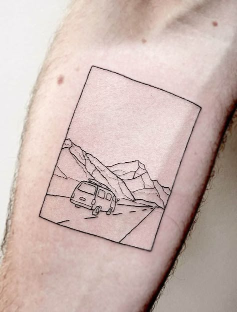 38 Travel Tattoos And Symbols To Fuel Your Wanderlust - Our Mindful Life Tattoo In Frame Ideas, Van Tattoo Minimal, Travel Minimal Tattoo, Men Car Tattoo Ideas, Take The Road Less Traveled Tattoo, Travel Patchwork Tattoo, Simple Road Tattoo, Camper Van Tattoo Ideas, Men Travel Tattoo