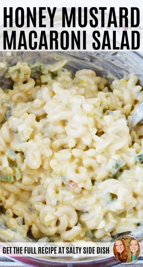 Honey mustard macaroni salad is a creamy and delicious pasta salad side dish perfect for parties, picnics and pot lucks. Mayo and honey mustard combined with sweet and tangy relish and boiled eggs, makes every bite a perfect pairing for your outdoor grilling menu. There is a reason it was on grandma’s table every holiday!  #sidedish #salad #bbq #macaronisalad #picnic #potluck Honey Pasta Salad, Pasta Salad With Honey Mustard Dressing, Honey Mustard Pasta Salad, Mustard Macaroni Salad, Mustard Pasta Salad, Honey Mustard Pasta, Honey Mustard Recipe, Zesty Pasta Salad, Egg Macaroni Salad