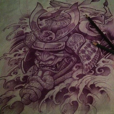 Laying out some water samurai. #rtcinc #prismacolor Samurai With Dragon Tattoo, Kabuto Tattoo, Water Samurai, Samurai Colored Tattoo, Samari Warrior Mask Tattoo, Detailed Samurai Tattoo, Wounded Samurai Tattoo, Tattoo Home, Samurai Helmet