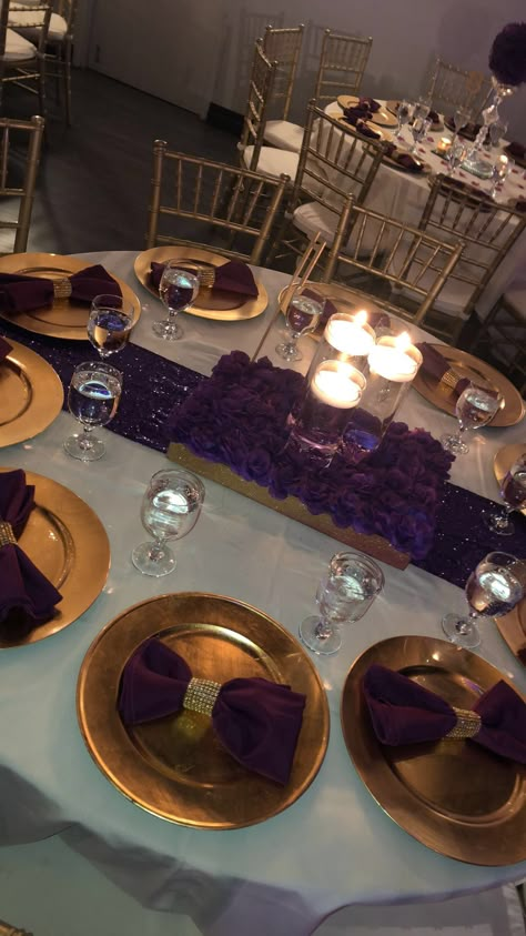 Purple Gold Backdrop, Purple Black Gold Wedding Centerpieces, Purple Roses Centerpieces, Purple And Gold 50th Anniversary, Purple Ivory And Gold Wedding, Purple And Gold Wedding Party, 50th Birthday Ideas For Women Purple And Gold, Lavender And Gold Bridal Shower Ideas, Purple Gold Table Setting