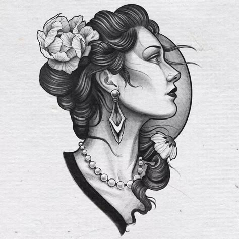 Female Profile Tattoo, Woman Profile Tattoo, Female Profile Drawing, Face Woman Tattoo, Woman Portrait Tattoo Design, Female Face Tattoo Design, Neotraditional Tattoo Sketch, Female Portrait Tattoo, Sketches Women