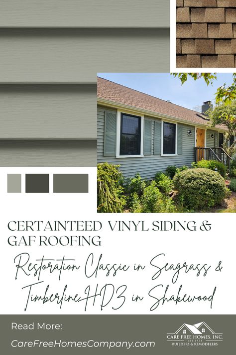 Vinyl Siding Company and Roofing Company Serving Cape Cod, MA Certainteed Seagrass Vinyl Siding, Seagrass Siding House, Certainteed Vinyl Siding Color Schemes, Seagrass Siding, Certainteed Siding Colors, Vinyl Siding Color Schemes, Mastic Vinyl Siding, Gaf Roofing, Green Vinyl Siding