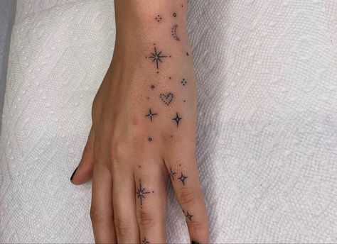 Glitter Hand Tattoo, Sparkles On Hand Tattoo, Star Hand Tattoos For Women, Stars On Hand Tattoo, Hand Sparkle Tattoo, Hand Tattoos Stars, Stars Hand Tattoo, Sparkle Hand Tattoo, Hand Tattoos Women