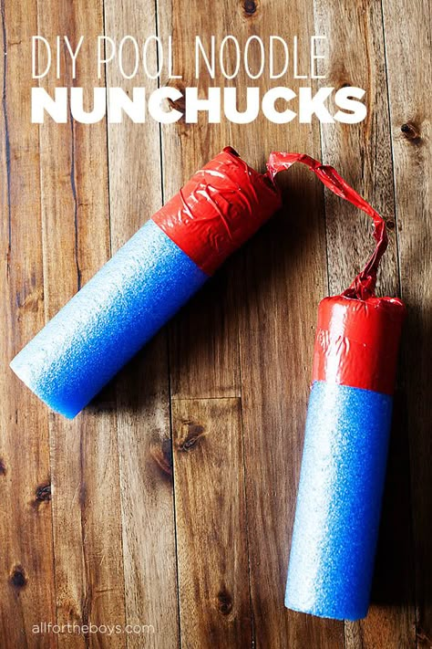 DIY pool noodle nunchucks from All for the Boys blog Ninja Crafts, Jiu Jutsu, Pool Noodle Crafts, Pyjamas Party, Ninja Birthday, Duct Tape Crafts, Nunchucks, Ninja Party, Pool Noodle