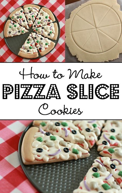 Pizza Shaped Cookies, Cookies That Look Like Food, Pizza Cookies Decorated, Cute Cookie Decorating Ideas, Bolo Picnic, Decorated Cookies Ideas, Slice Cookies, Slice Slice Baby, Pizza Cookie