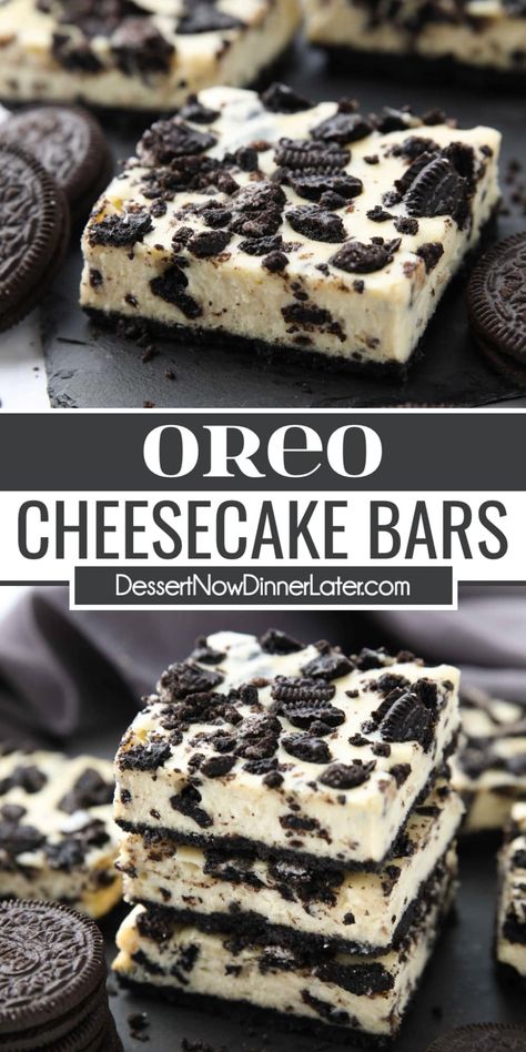 These Oreo Cheesecake Bars are the ultimate cookies and cream combo! A chocolate Oreo cookie crust, with a creamy vanilla cheesecake filling, jam-packed with Oreos inside and out -- what more could you want?! Oreo Cream Cheese, Halloween Oreo Cheesecake, Cookies And Cream Dessert, Cheesecake Flavors, Oreo Cheesecake Bars, Oreo Cheesecake Recipes, Oreo Fudge, Ultimate Cookies, Oreo Recipes