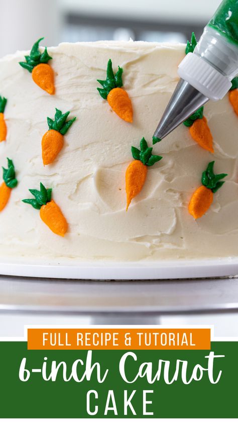 This 6 inch carrot cake recipe is so easy to make and bakes up so tender and moist! One batch makes the perfect 6-inch layer cake. Two Layer Carrot Cake, Simple Carrot Cake Decoration, Carrot Cake Recipe One Layer, 4 Inch Carrot Cake Recipe, 3 Layer Carrot Cake Recipe, 10 Layer Carrot Cake, Decorated Carrot Cake, Triple Layer Carrot Cake, 6 Inch Carrot Cake Recipe