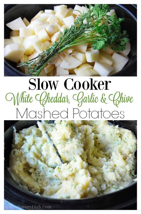 Slow cooker White Cheddar, Garlic & Chive Mashed Potatoes White Cheddar Mashed Potatoes, Healthy Skillet Meals, Vegetable Side Dishes Healthy, Steak And Seafood, Garlic Mashed Potatoes, Garlic Mashed, Vegetable Side Dishes Recipes, Healthy Instant Pot Recipes, Slow Cooker Pork