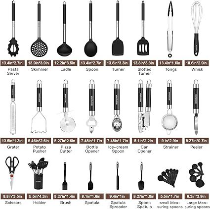 Kitchen Utensils Set-Silicone Cooking Utensils-32 pcs Non-Stick Silicone Cooking Kitchen Utensils Spatula Set with Holder-Best Kitchen Cookware with Stainless Steel Handle (Black) Kitchen Utensils List, Kitchen Essentials List, Pasta Server, Kitchen Pans, Silicone Cooking Utensils, Plastic Utensils, Silicone Kitchen Utensils, Cooking Utensils Set, Spatula Set