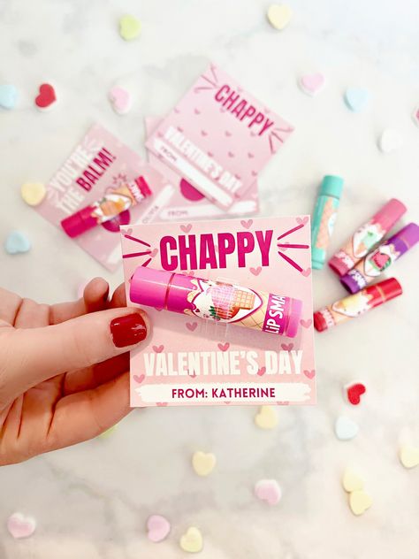 These adorable printable Valentines are perfect for your child's heart-filled Valentine's celebration. Grab some flavored chapsticks (the ones pictured are linked below) and print these precious Valentine's tags and your kiddo will have the cutest Valentine's in minutes. These are great for girls of all ages. We love the idea of a handmade valentine and these are easy yet elevated over those basic store-bought options. We attached the chapstick with clear duck tape but you can also use washi tap Chapstick Valentines For Kids, Chapstick Gift Tag, Chapstick Valentine, Lollipop Valentine Printable, Lolli Pop Valentines Kids, Lip Balm Valentine, Diy Chapstick, Chapstick Gift, Small Valentines Gifts