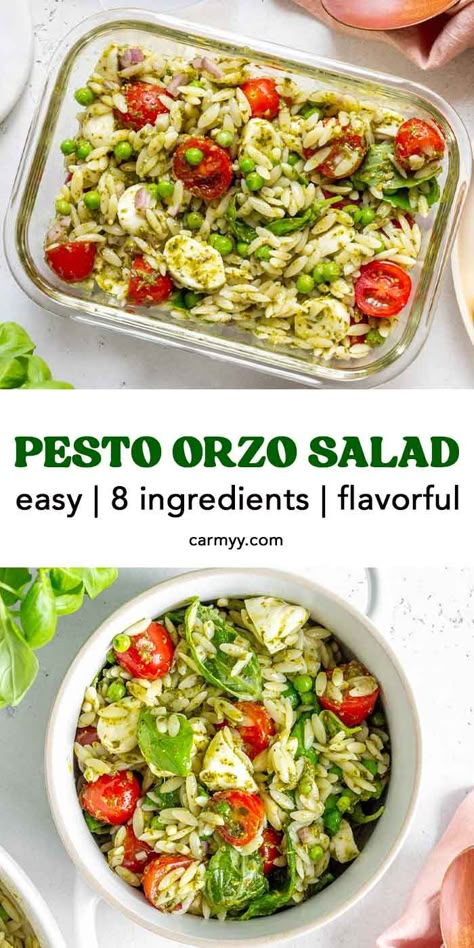 This easy and delicious orzo pesto salad comes together with only a few ingredients. Full of bright, fresh flavor, this hearty pesto orzo salad is perfect for an easy weeknight meal or a meal prep lunch!  This hearty orzo pesto salad is bursting with fresh flavors. Full of cherry tomatoes, peas, basil, shallots, and cheese tossed in a lemony pesto sauce, this pesto orzo pasta salad is just what you need this week! It’s so refreshing and you can eat it straight out of the fridge. Orzo Pesto Salad, Wholesome Salads, Pesto Orzo Salad, Orzo Salads, Orzo Pesto, Pesto Orzo, Lemon Orzo Salad, Homemade Pesto Sauce, Pesto Salad