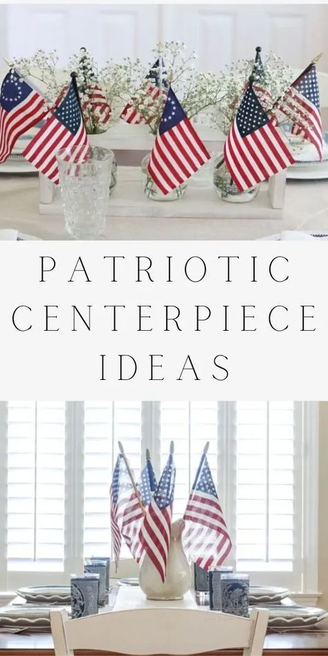 Patriotic Table Centerpieces Diy, Simple Patriotic Centerpieces, Patriotic Wedding Centerpieces, Eagle Party Decorations, Mini Flag Centerpiece, Patriotic Retirement Party Ideas, Patriotic Table Settings, Patriotic Centerpieces Elegant, Veterans Day Table Decor