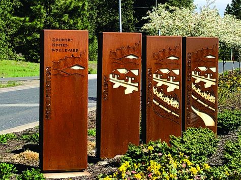 Corten Steel Signage, Steel Signage, Rusty Sign, Rusted Steel, Fire Pit Cooking, Monument Signs, Garden Fire Pit, Water Fall, Sculpture Garden